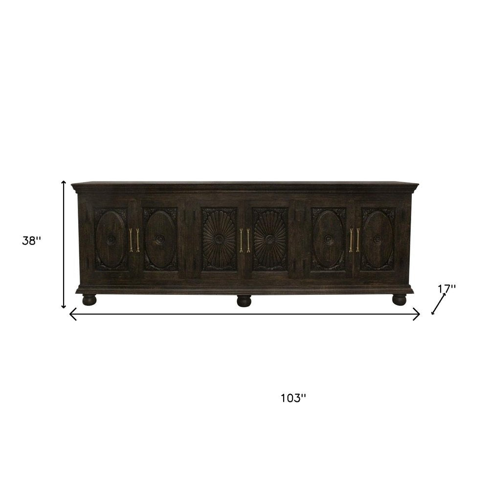 103" Brown Floral Carved Distressed Wood Sideboard