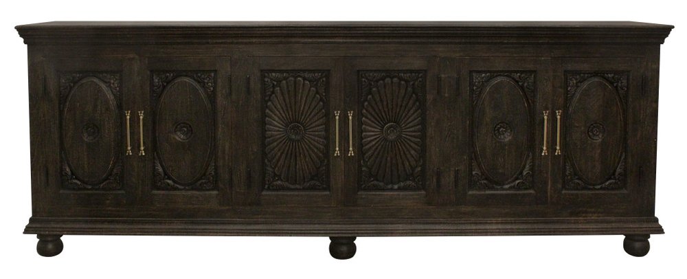 103" Brown Floral Carved Distressed Wood Sideboard