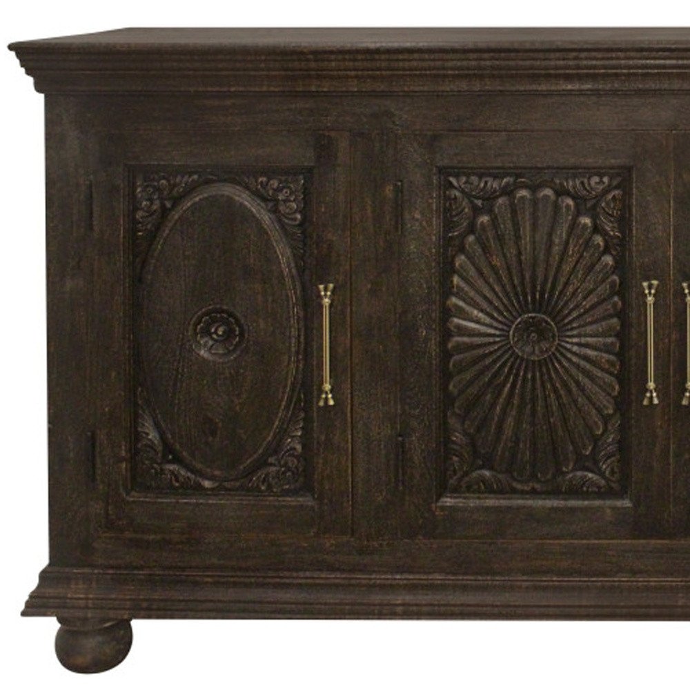 73" Brown Floral Carved Distressed Wood Sideboard