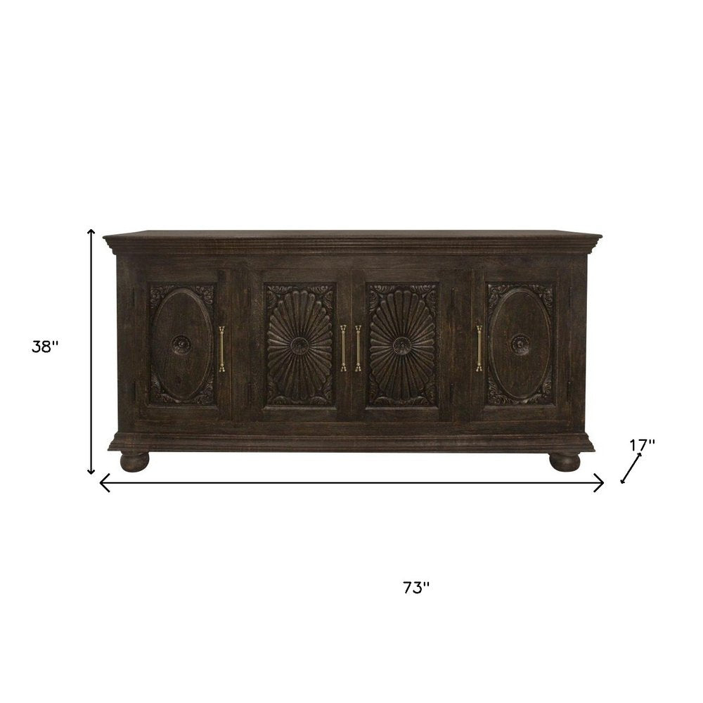 73" Brown Floral Carved Distressed Wood Sideboard