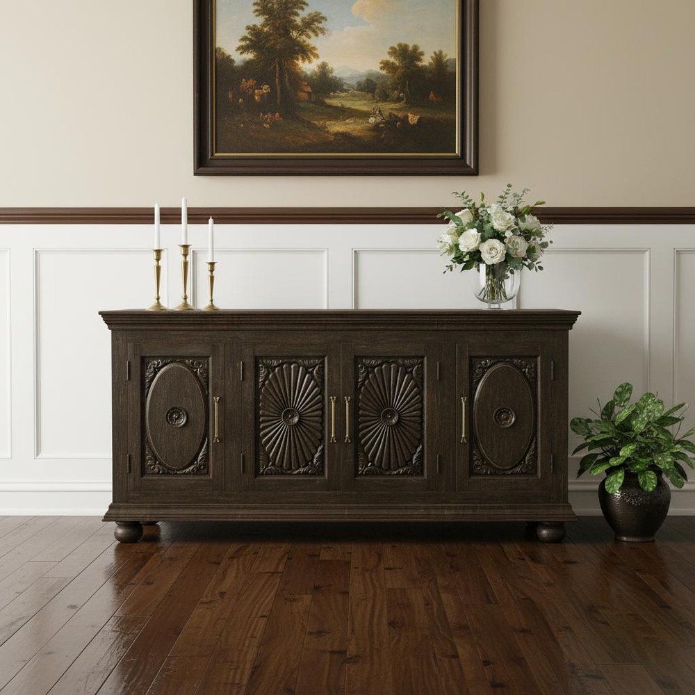 73" Brown Floral Carved Distressed Wood Sideboard
