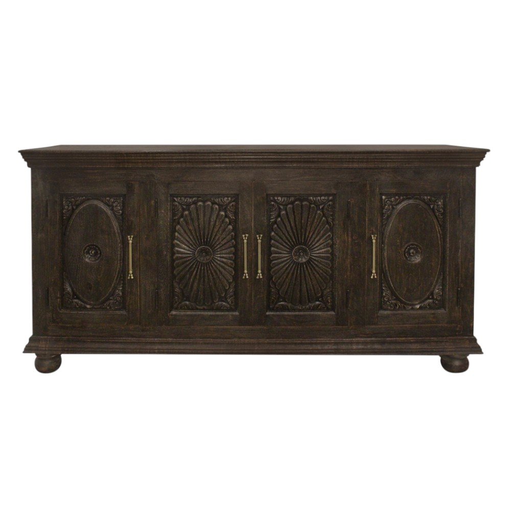 73" Brown Floral Carved Distressed Wood Sideboard