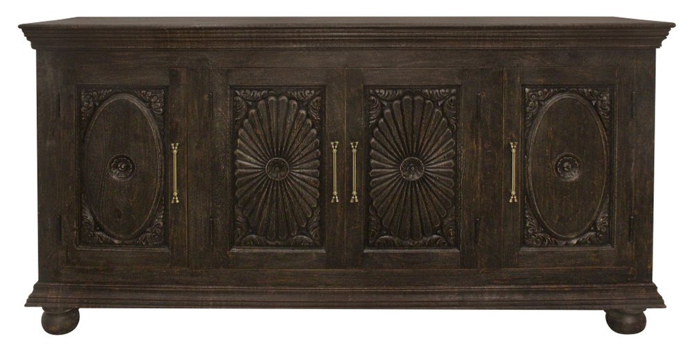 73" Brown Floral Carved Distressed Wood Sideboard