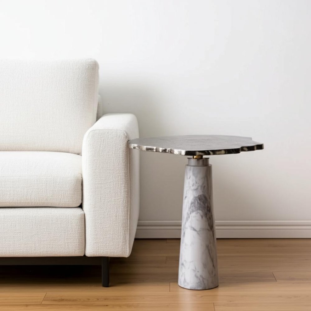 22" Silver and White Marble Pedestal End Table