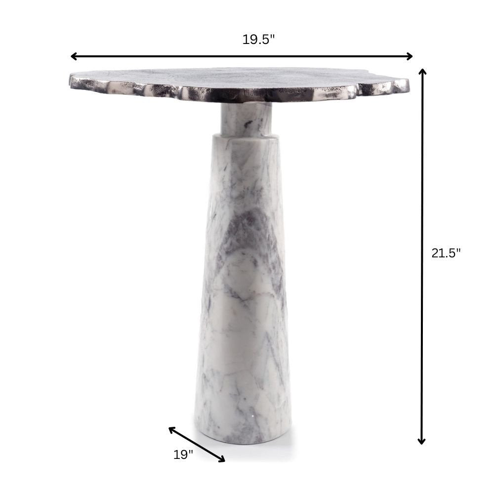22" Silver and White Marble Pedestal End Table