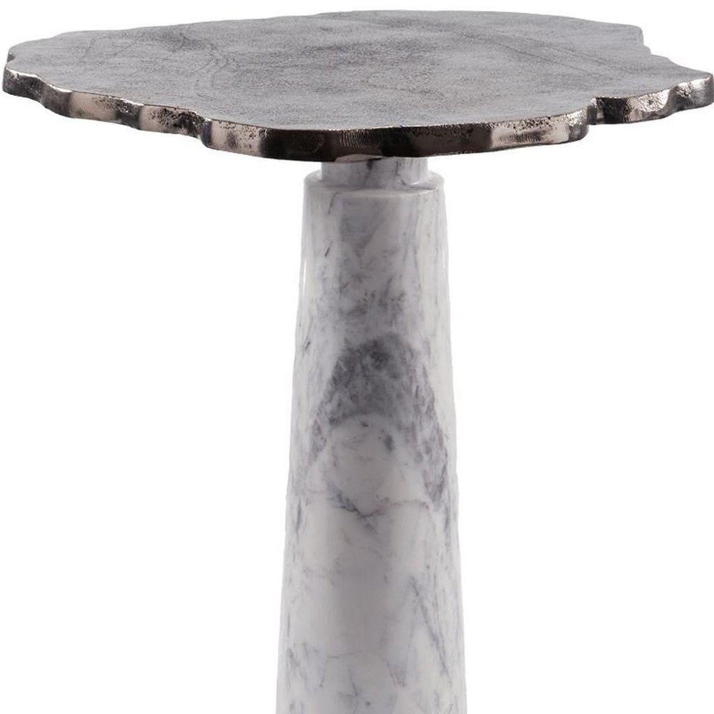 22" Silver and White Marble Pedestal End Table