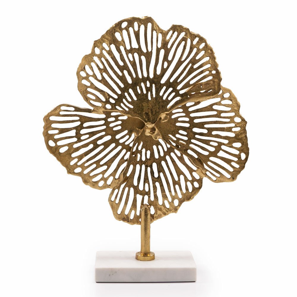 15" Antiqued Gold Aluminum and Marble Flower Sculpture