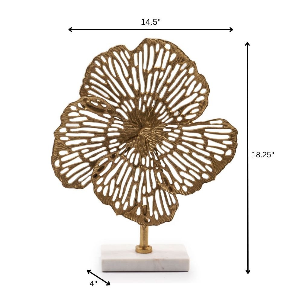15" Antiqued Gold Aluminum and Marble Flower Sculpture