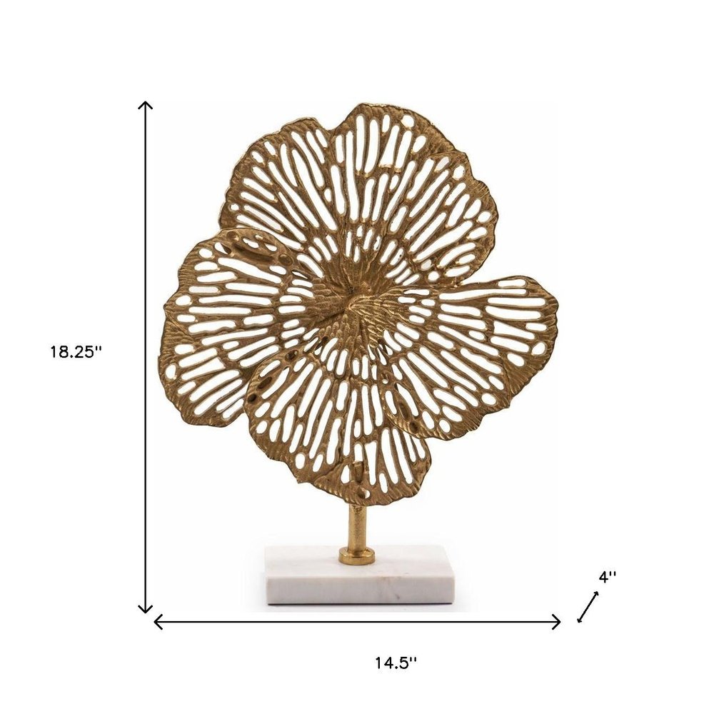 15" Antiqued Gold Aluminum and Marble Flower Sculpture