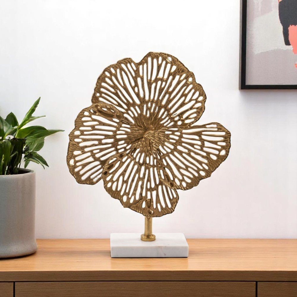 15" Antiqued Gold Aluminum and Marble Flower Sculpture