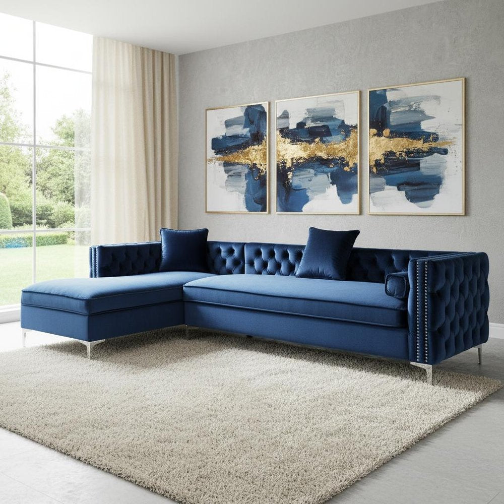 115" Navy Blue Velvet Tuxedo Sectional with Storage