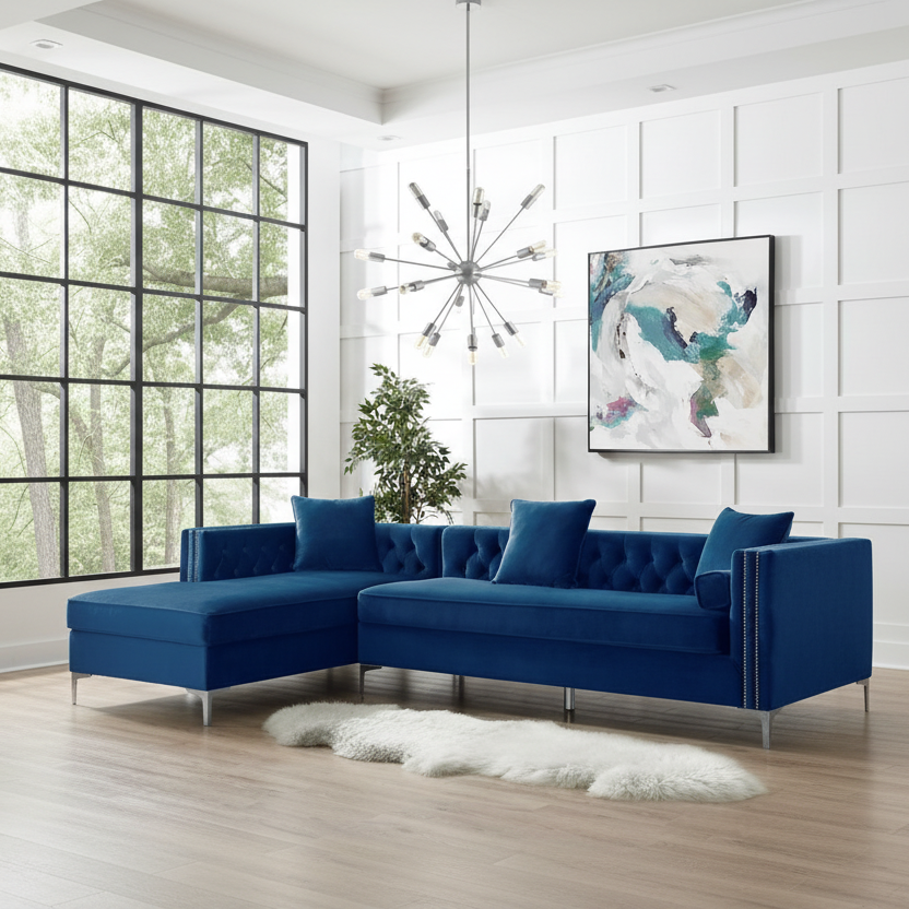 115" Navy Blue Velvet Tuxedo Sectional with Storage