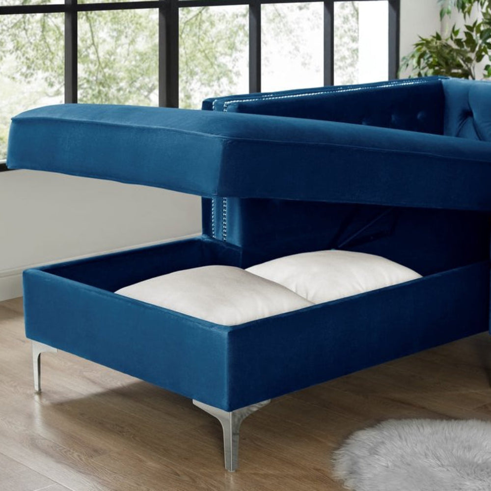 115" Navy Blue Velvet Tuxedo Sectional with Storage