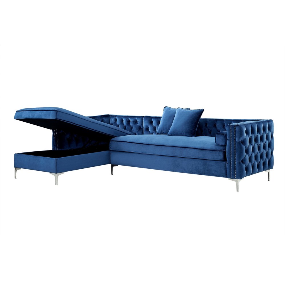115" Navy Blue Velvet Tuxedo Sectional with Storage