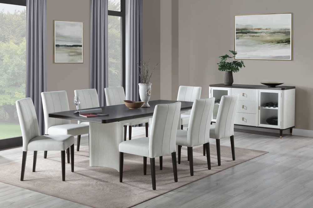 78" White and Brown Curved Fluted Legs Dining Table