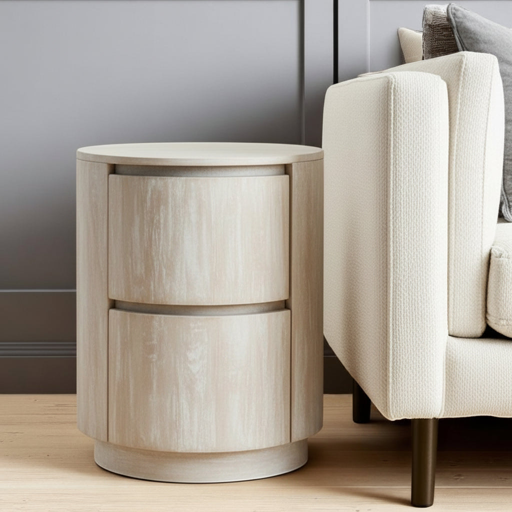 24" White Wood Round Drum Table with Drawers