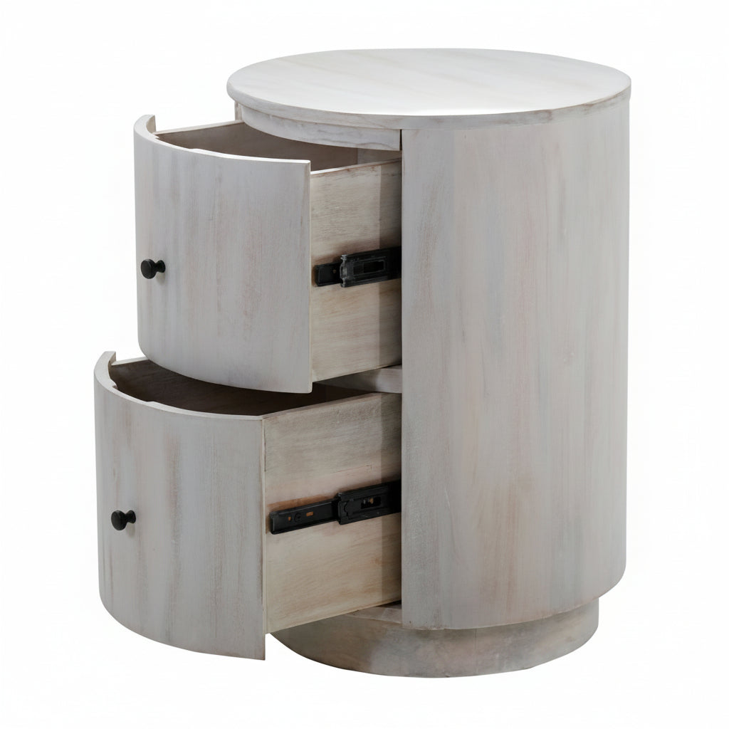 24" White Wood Round Drum Table with Drawers