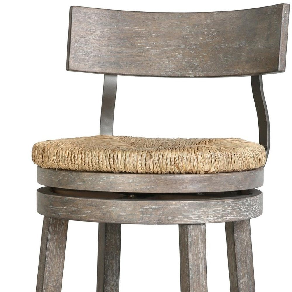 42" Gray Wood and Rattan Half Back Swivel Bar Chair