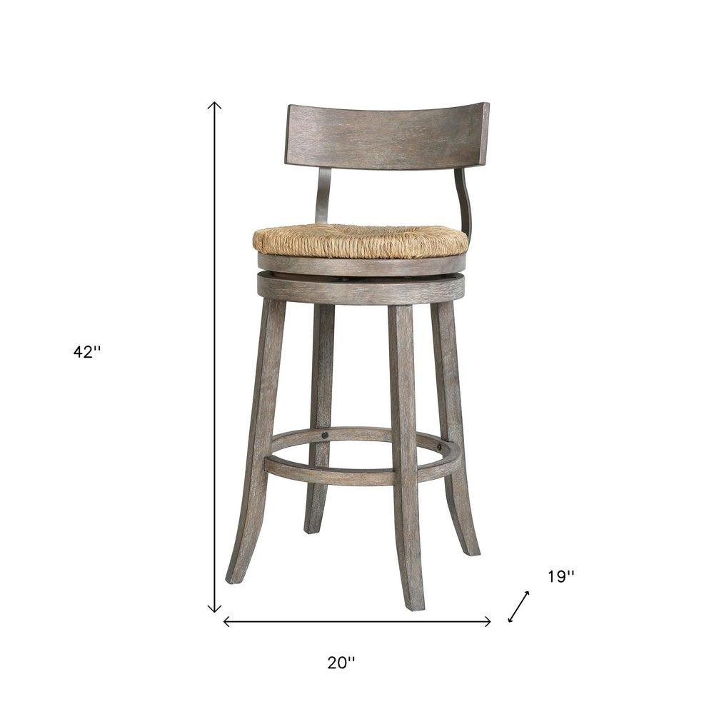 42" Gray Wood and Rattan Half Back Swivel Bar Chair