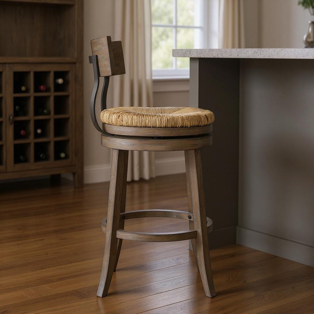 42" Gray Wood and Rattan Half Back Swivel Bar Chair