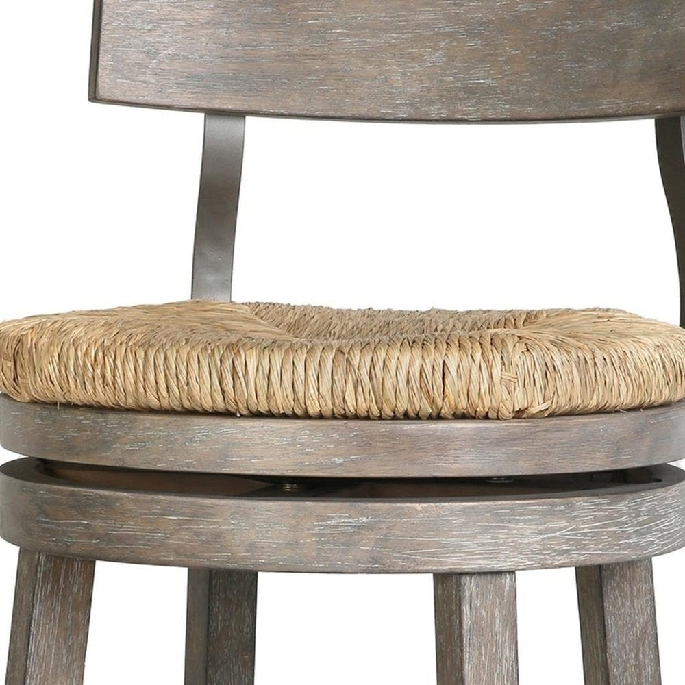 42" Gray Wood and Rattan Half Back Swivel Bar Chair