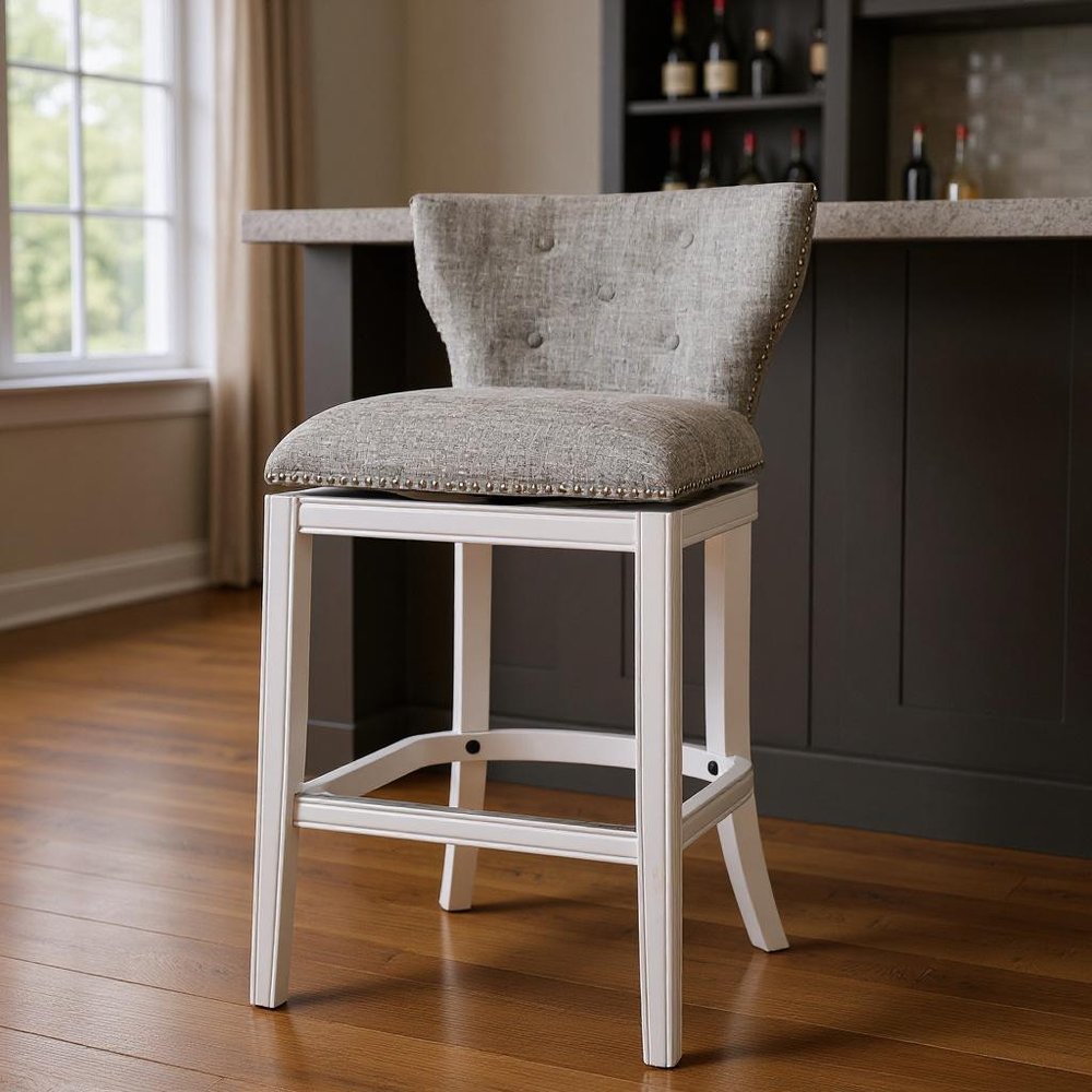 41" Gray and White Tufted Wingback Swivel Bar Chair