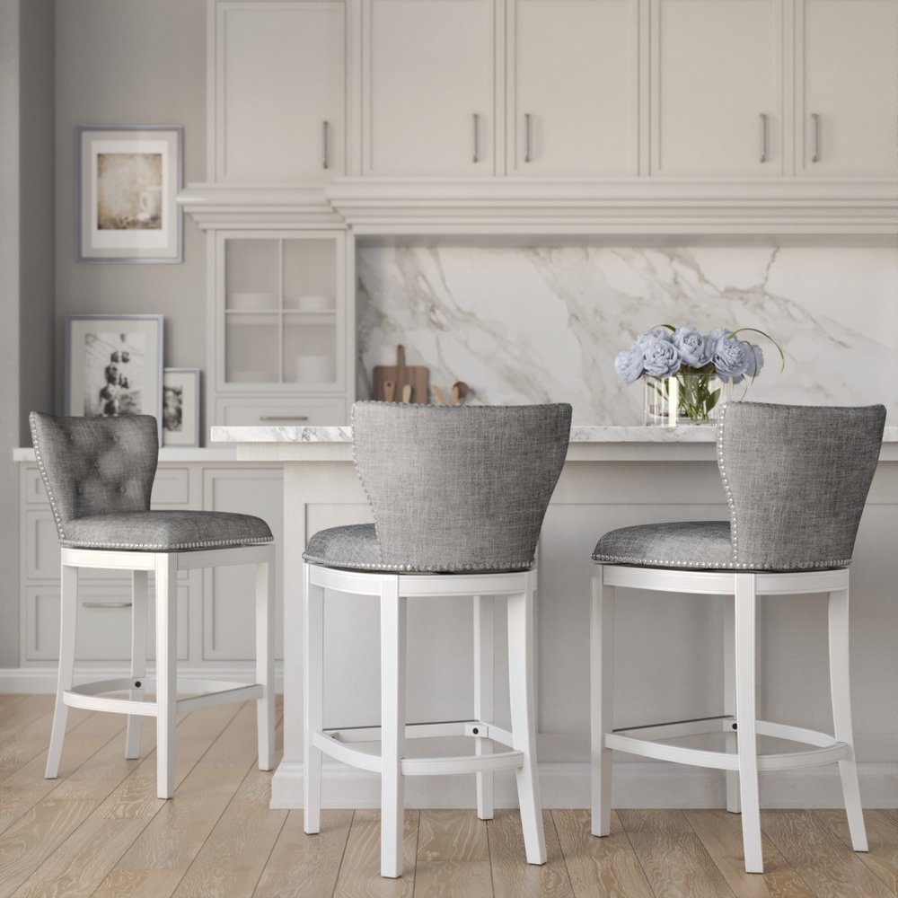 41" Gray and White Tufted Wingback Swivel Bar Chair