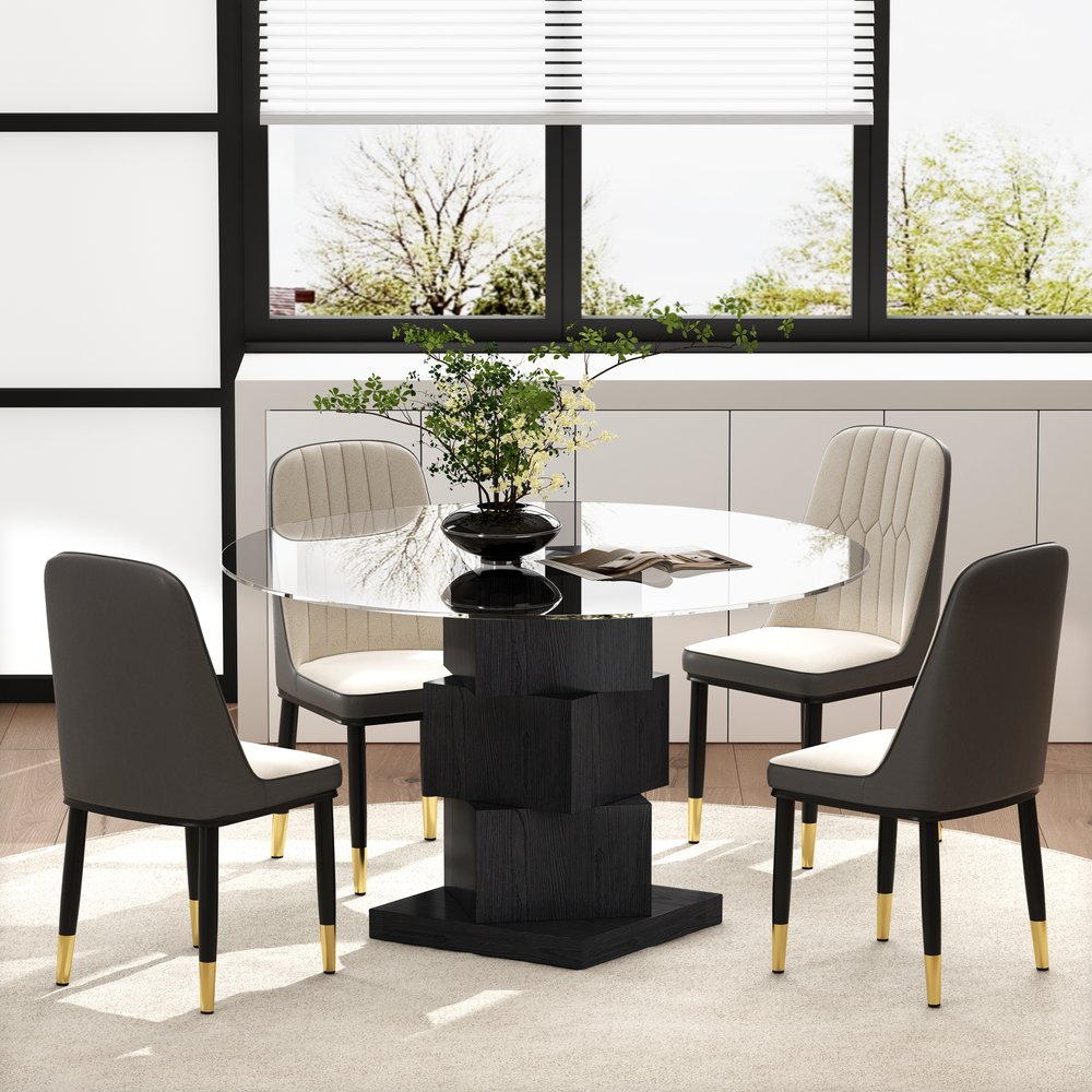 51" Black Glass and Wood Square Pedestal Dining Table