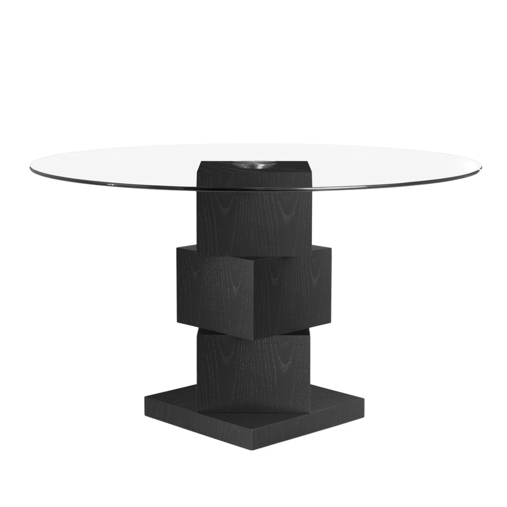 51" Black Glass and Wood Square Pedestal Dining Table
