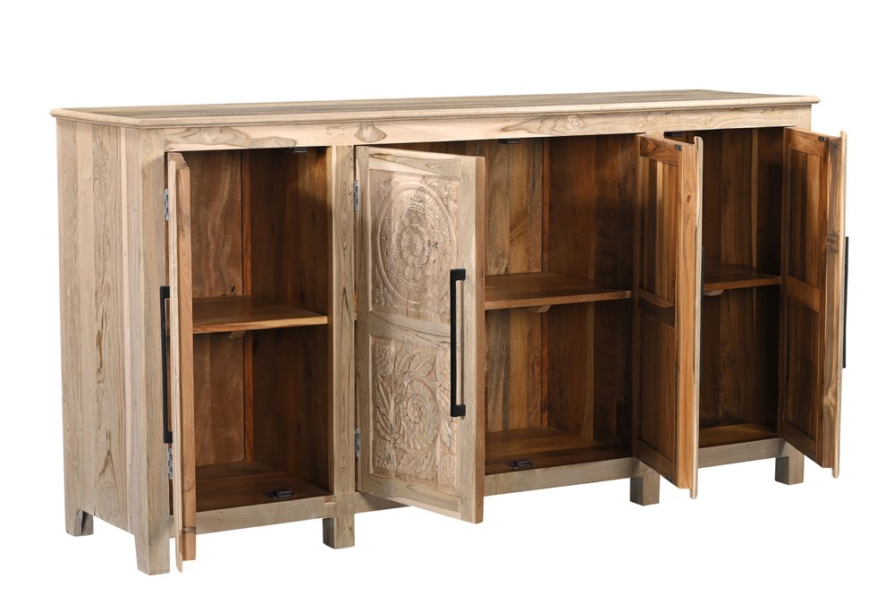 74" Natural Wood Floral Carved Sideboard