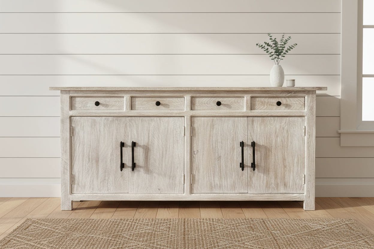 79" Distressed Wood Paneled Four Drawer Sideboard