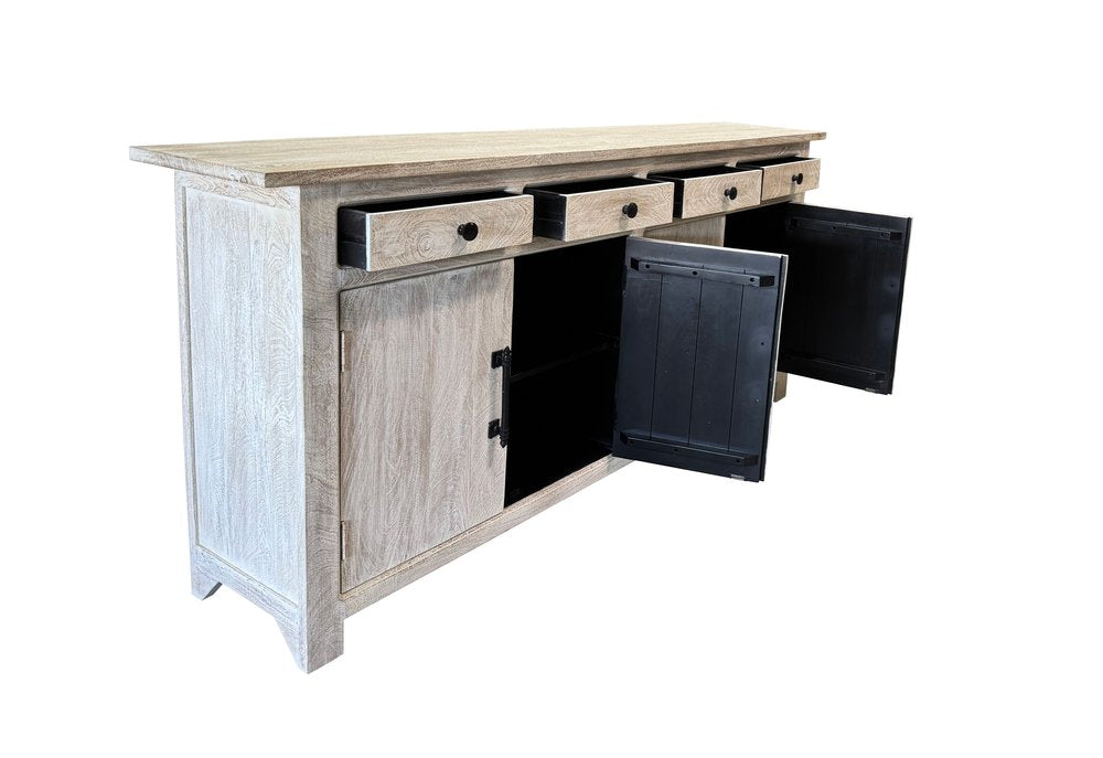 79" Distressed Wood Paneled Four Drawer Sideboard