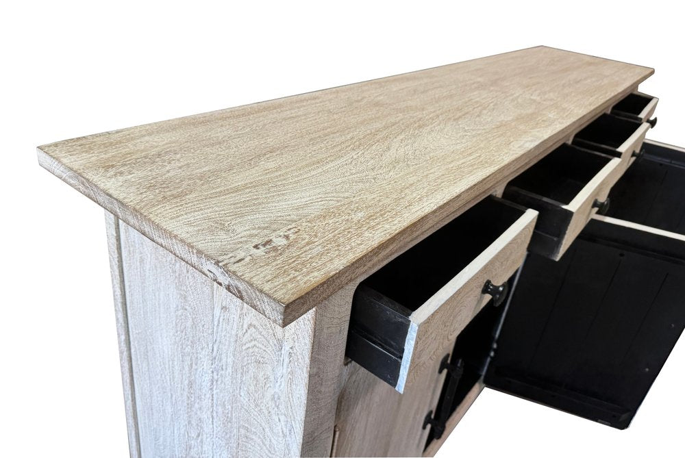 79" Distressed Wood Paneled Four Drawer Sideboard