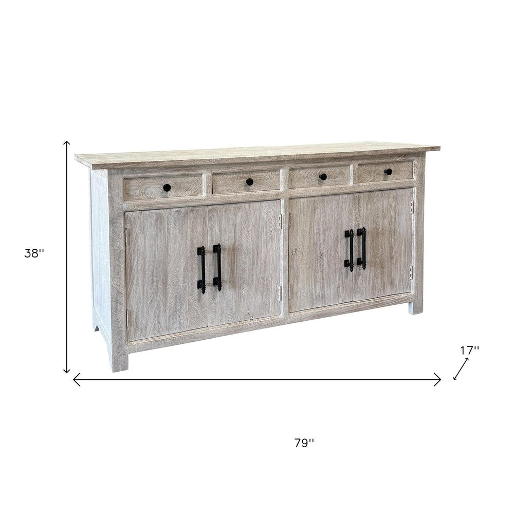 79" Distressed Wood Paneled Four Drawer Sideboard