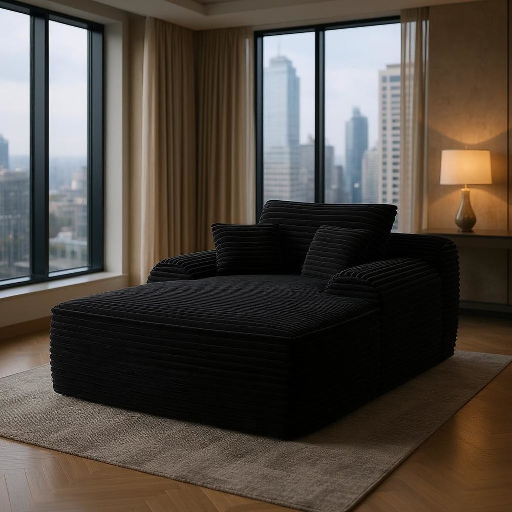 67" Black Corduroy Oversized Chaise Lounge Sofa
