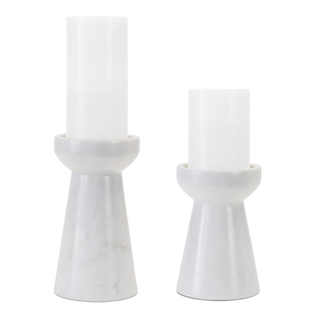Set of Two White and Gray Marble Pillar Candle Holders