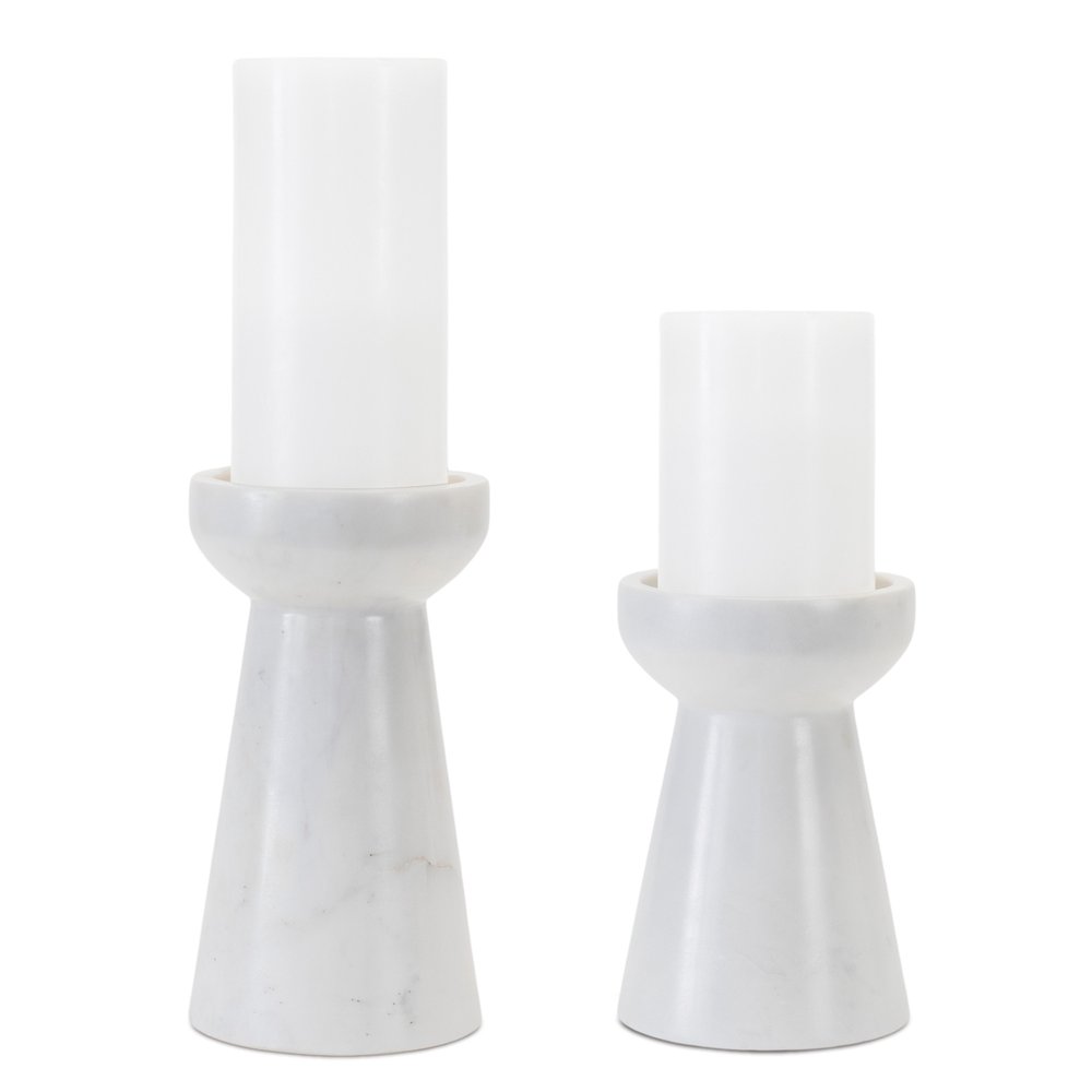 Set of Two White and Gray Marble Pillar Candle Holders