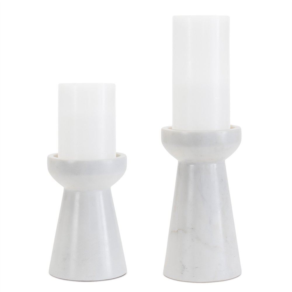 Set of Two White and Gray Marble Pillar Candle Holders
