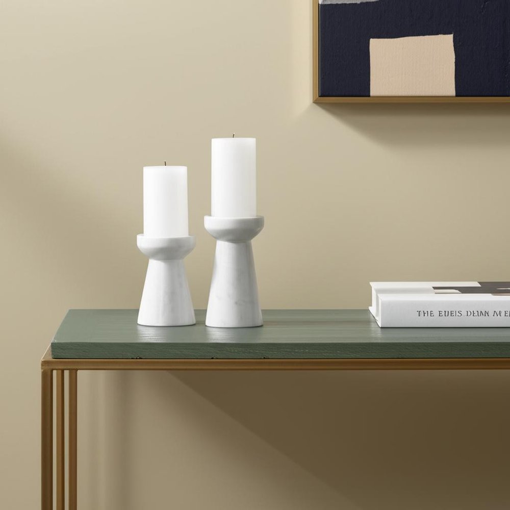 Set of Two White and Gray Marble Pillar Candle Holders