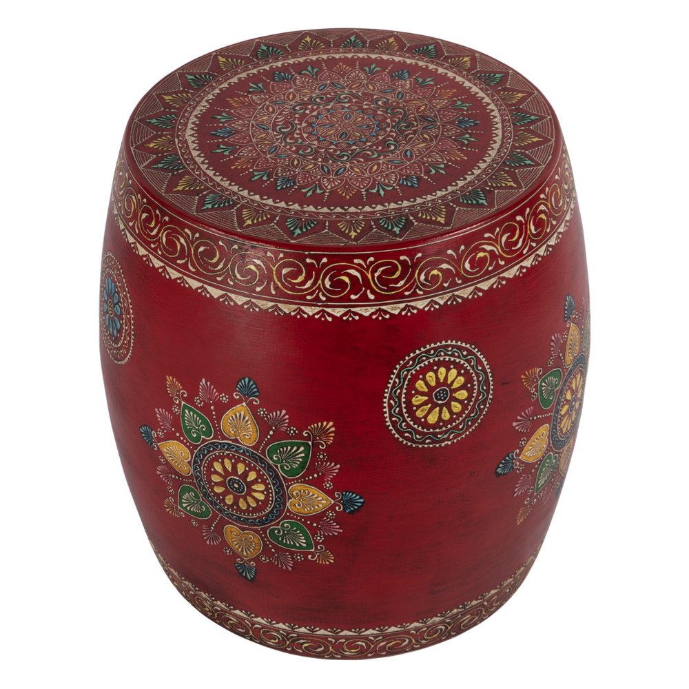18" Red Iron Hand Painted Floral Drum End Table