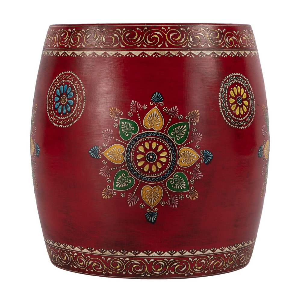 18" Red Iron Hand Painted Floral Drum End Table