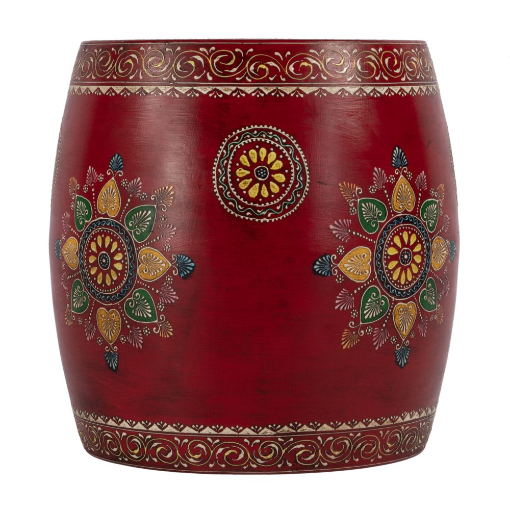 18" Red Iron Hand Painted Floral Drum End Table