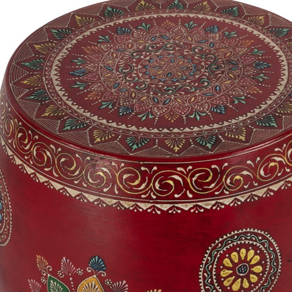 18" Red Iron Hand Painted Floral Drum End Table