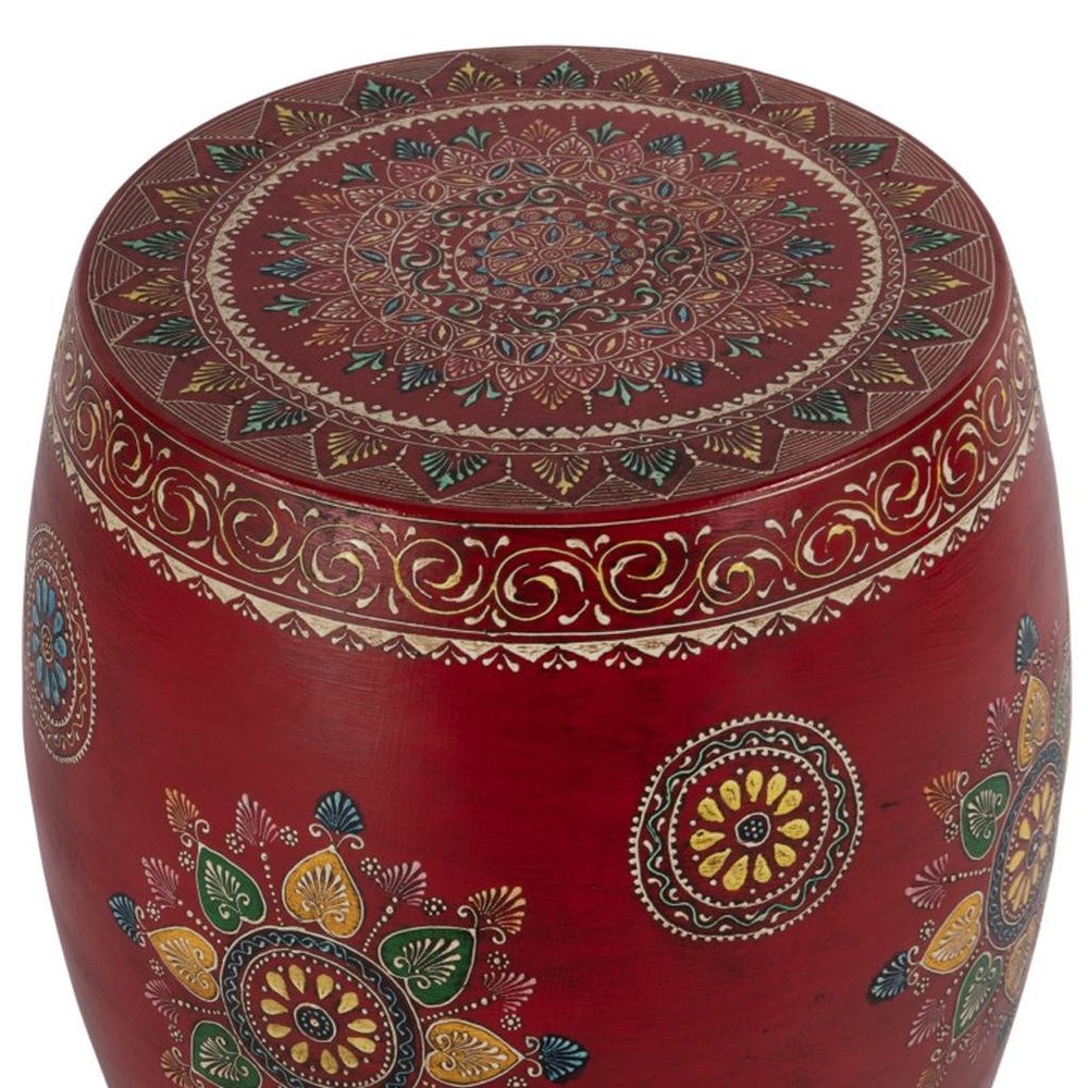18" Red Iron Hand Painted Floral Drum End Table