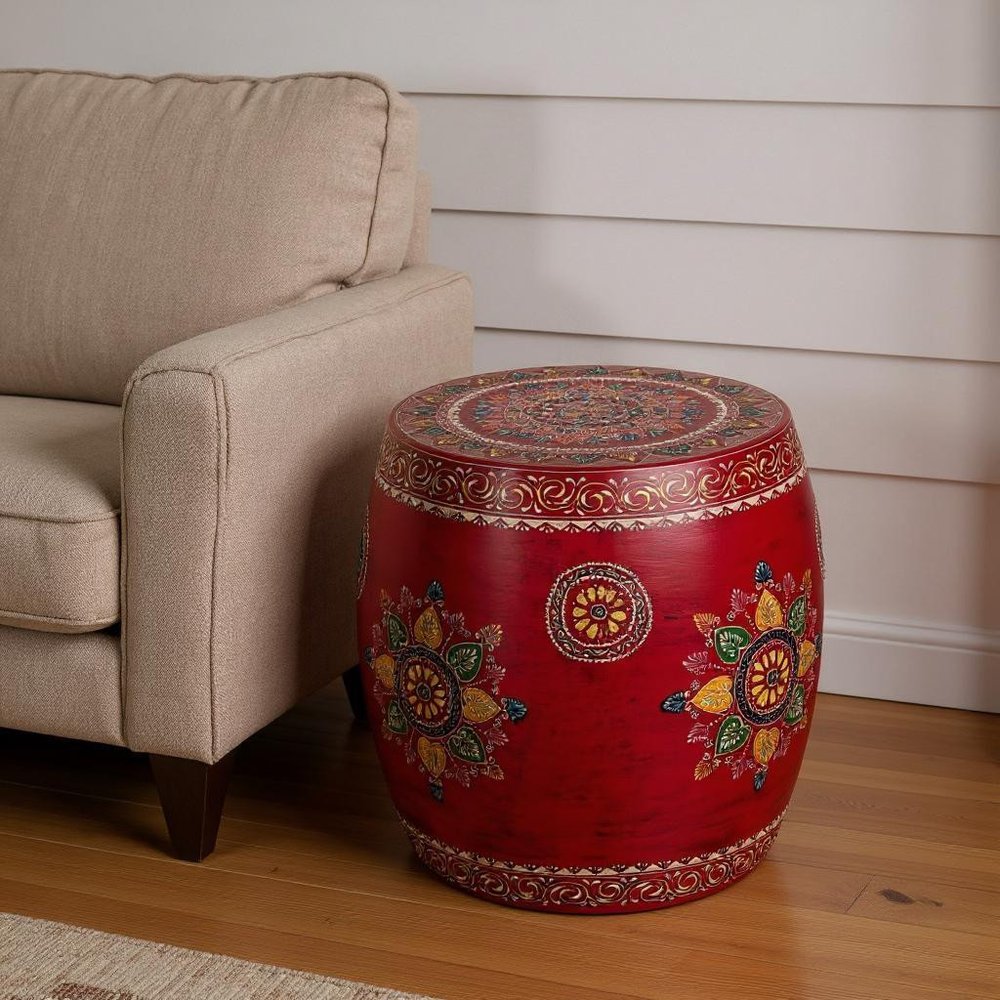 18" Red Iron Hand Painted Floral Drum End Table