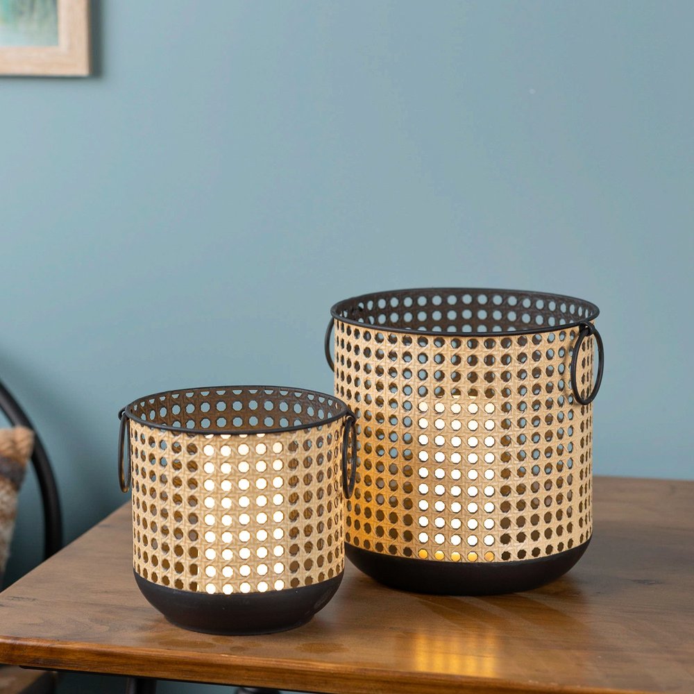 Set of Two Black and Beige LED Lantern Candle Holders