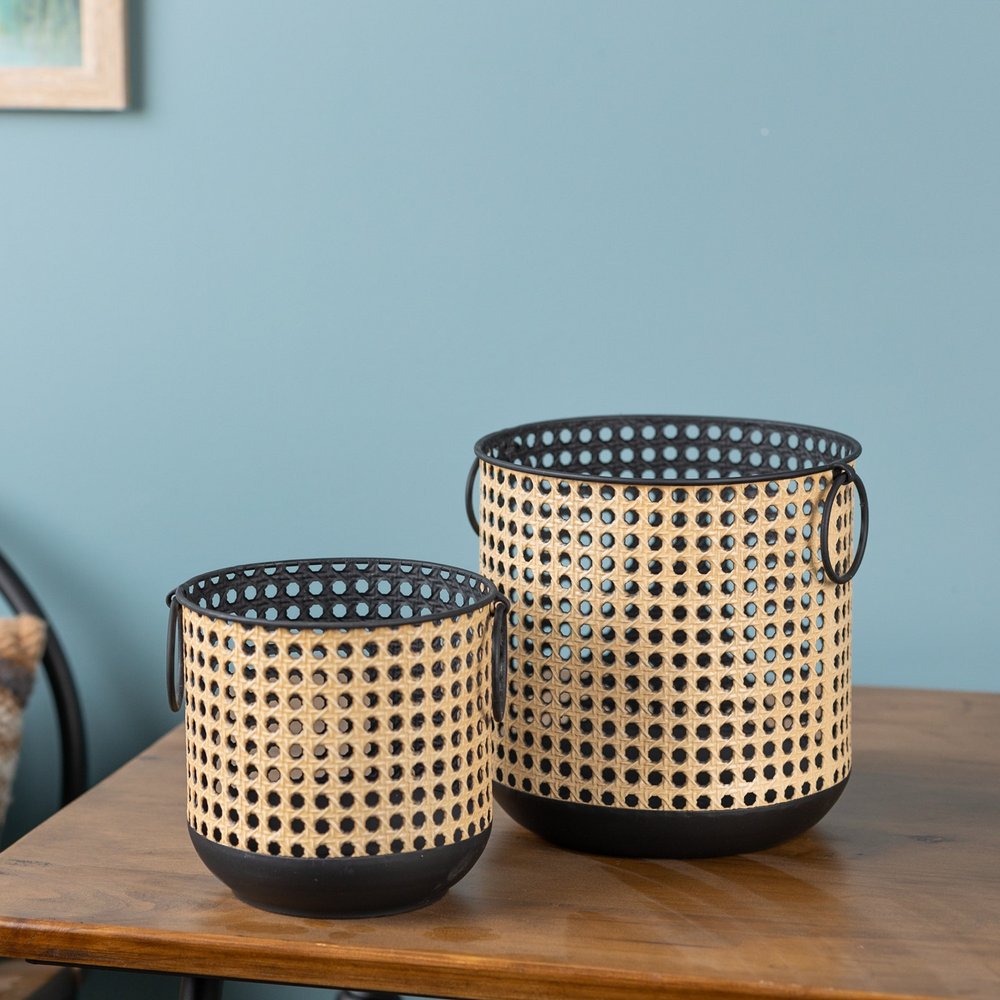 Set of Two Black and Beige LED Lantern Candle Holders