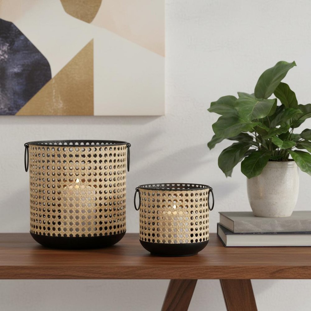 Set of Two Black and Beige LED Lantern Candle Holders