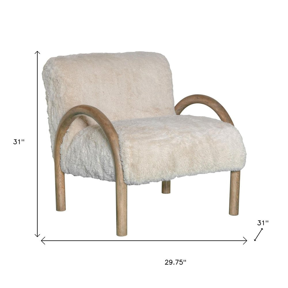 30" Off White Faux Fur Arched Wood Arm Armchair