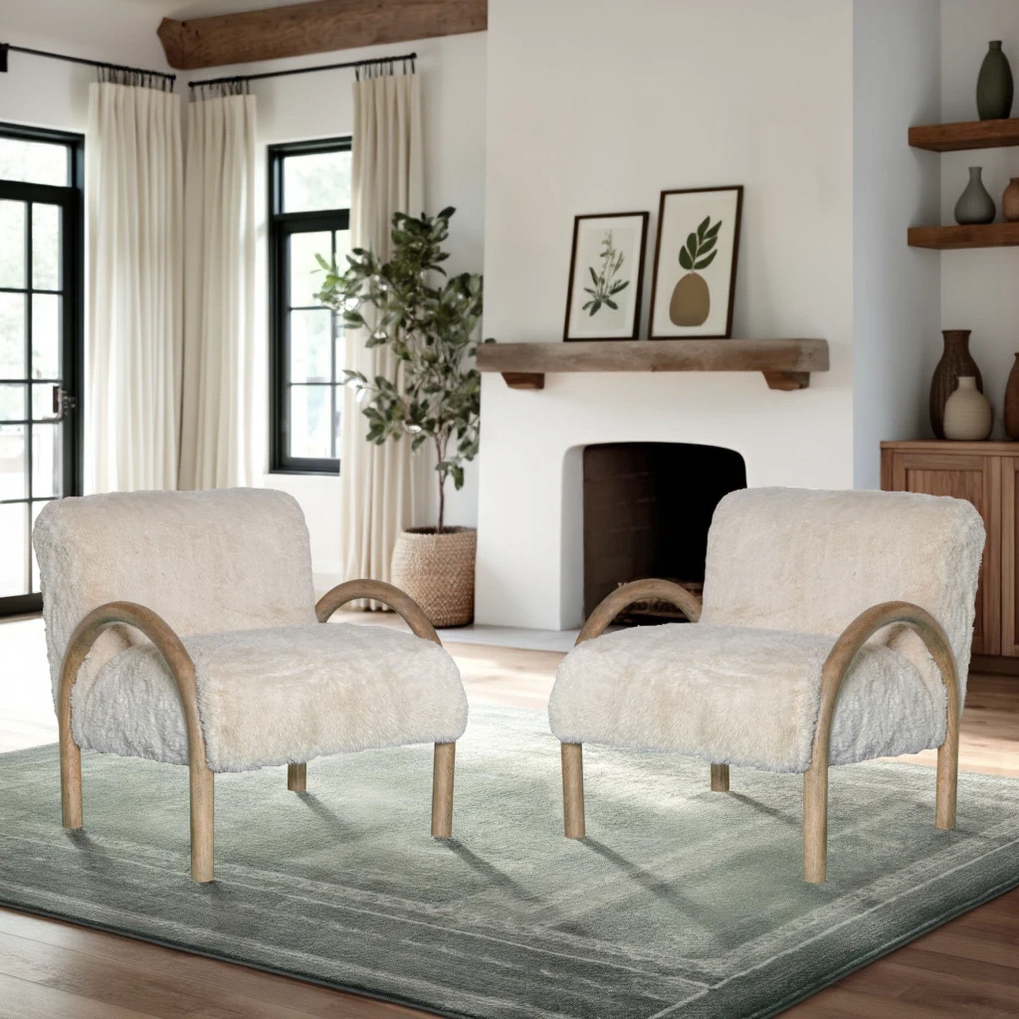 30" Off White Faux Fur Arched Wood Arm Armchair